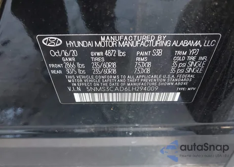 2020 Hyundai Santa Fe Sel z USA, uszkodzony, nr VIN 5NMS3CAD6LH294009